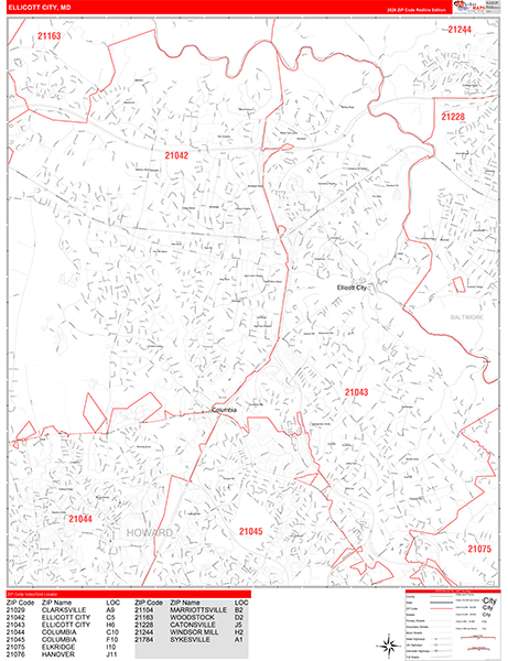 Ellicott City Wall Map Red Line Style